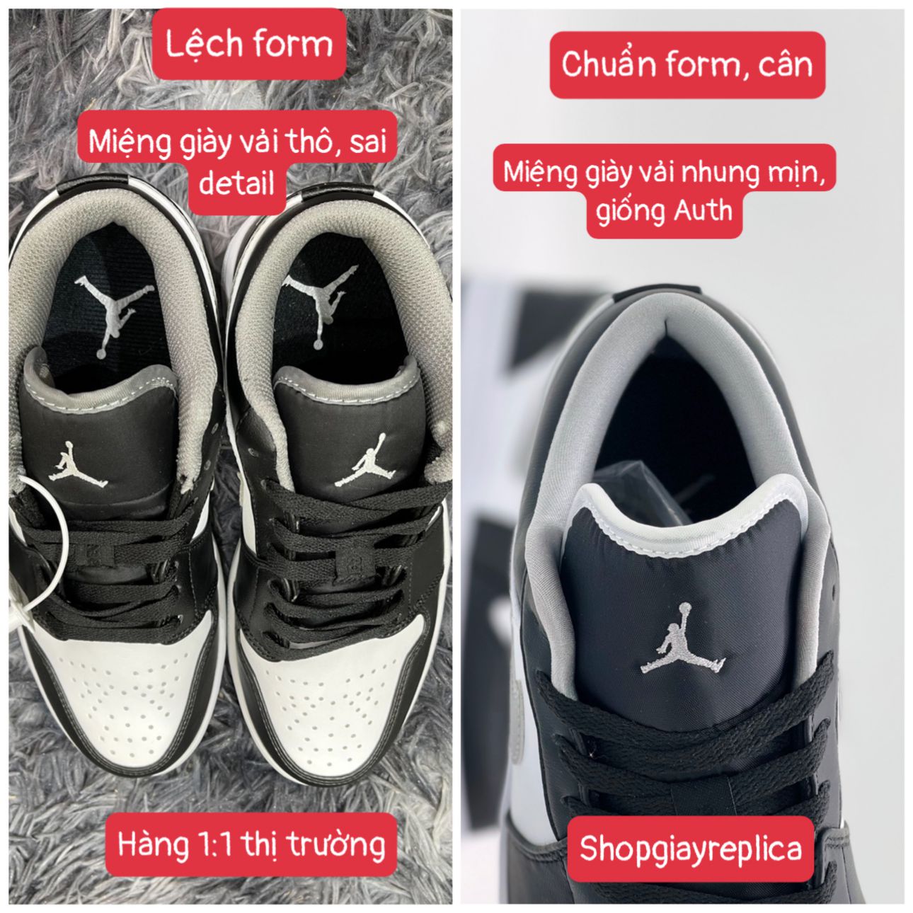 So sánh phân biệt giày nike air jordan 1 smokey grey v3 rep 1:1 và rep thường