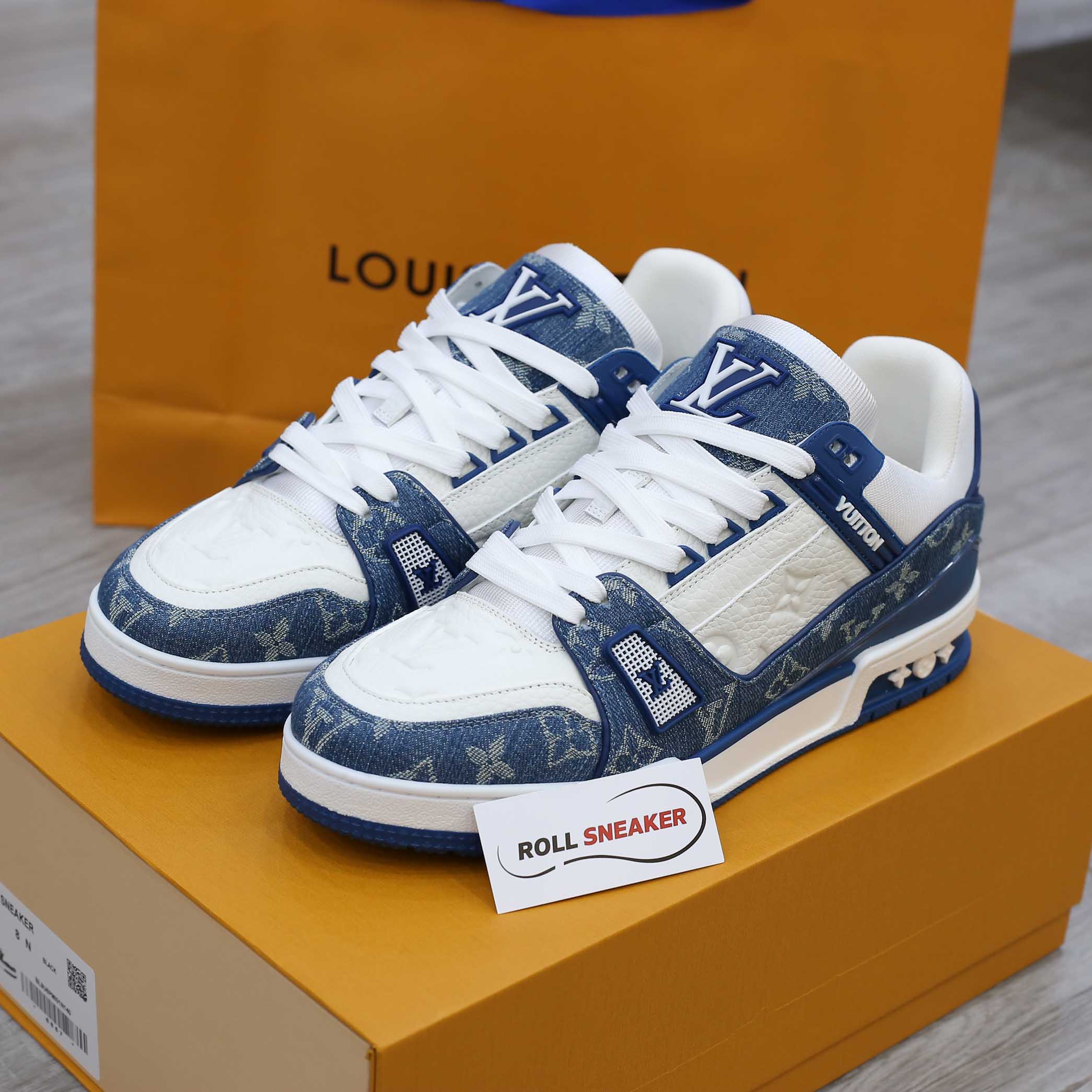 Giày Louis Vuitton LV Trainer Monogram Denim White Blue Like Auth  Shop  giày Replica