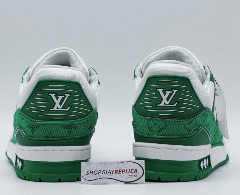 gót Giày Louis Vuitton LV Trainer White Green Monogram Denim Xanh Siêu Cấp