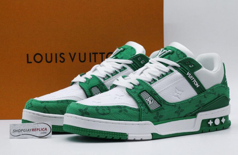 giày sneaker Louis Vuitton LV Trainer Xanh Green Monogram Denim White siêu cấp