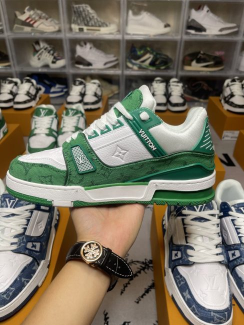 giày sneaker Louis Vuitton LV Trainer Xanh Green Monogram Denim White rep 1:1
