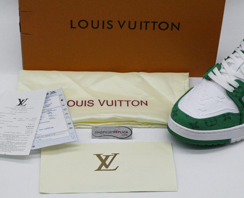 phụ kiện Giày Louis Vuitton LV Trainer White Green Monogram Denim Xanh Siêu Cấp