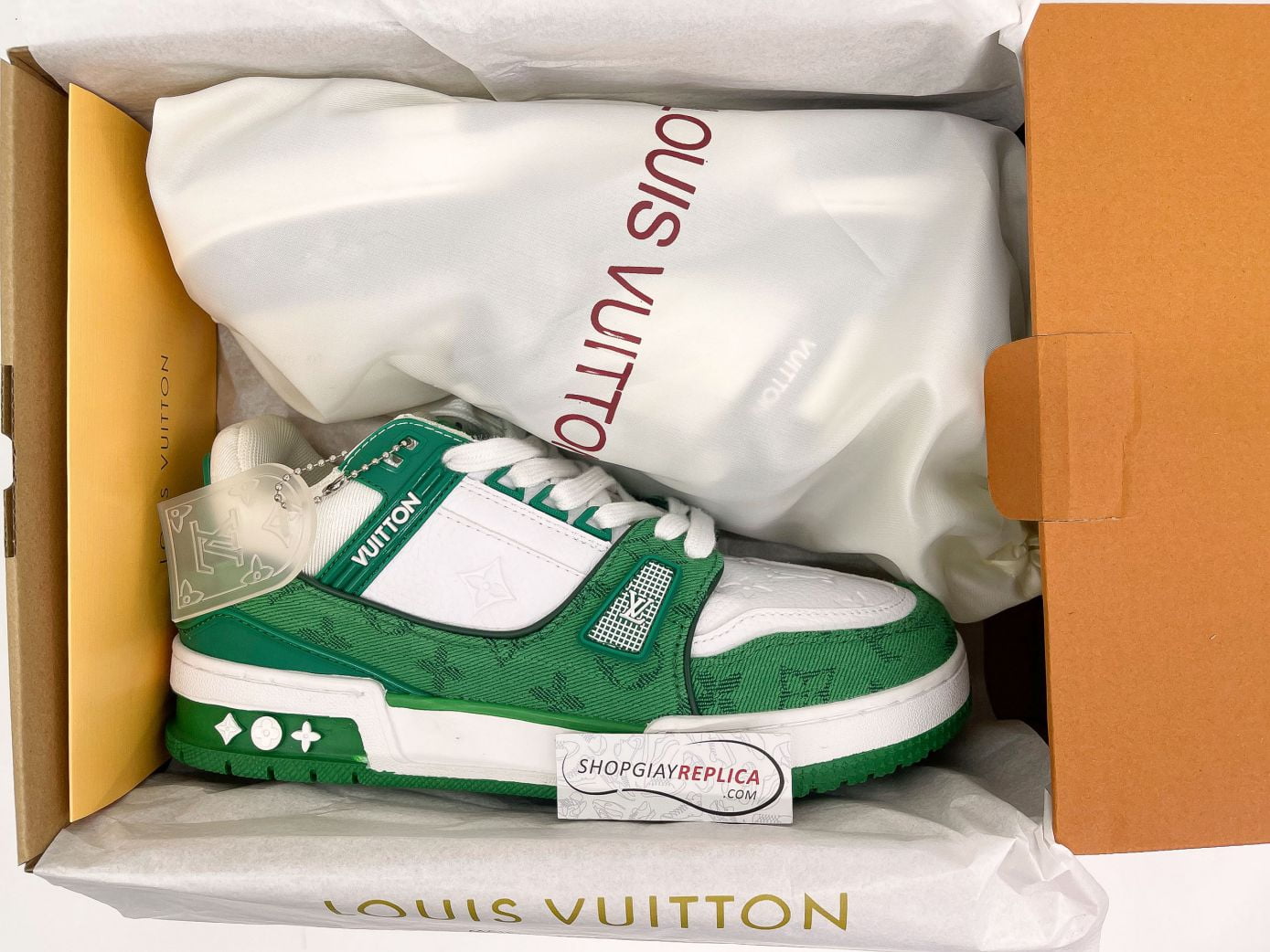 Box hộp giày Louis Vuitton LV Trainer White Green Monogram Denim Xanh