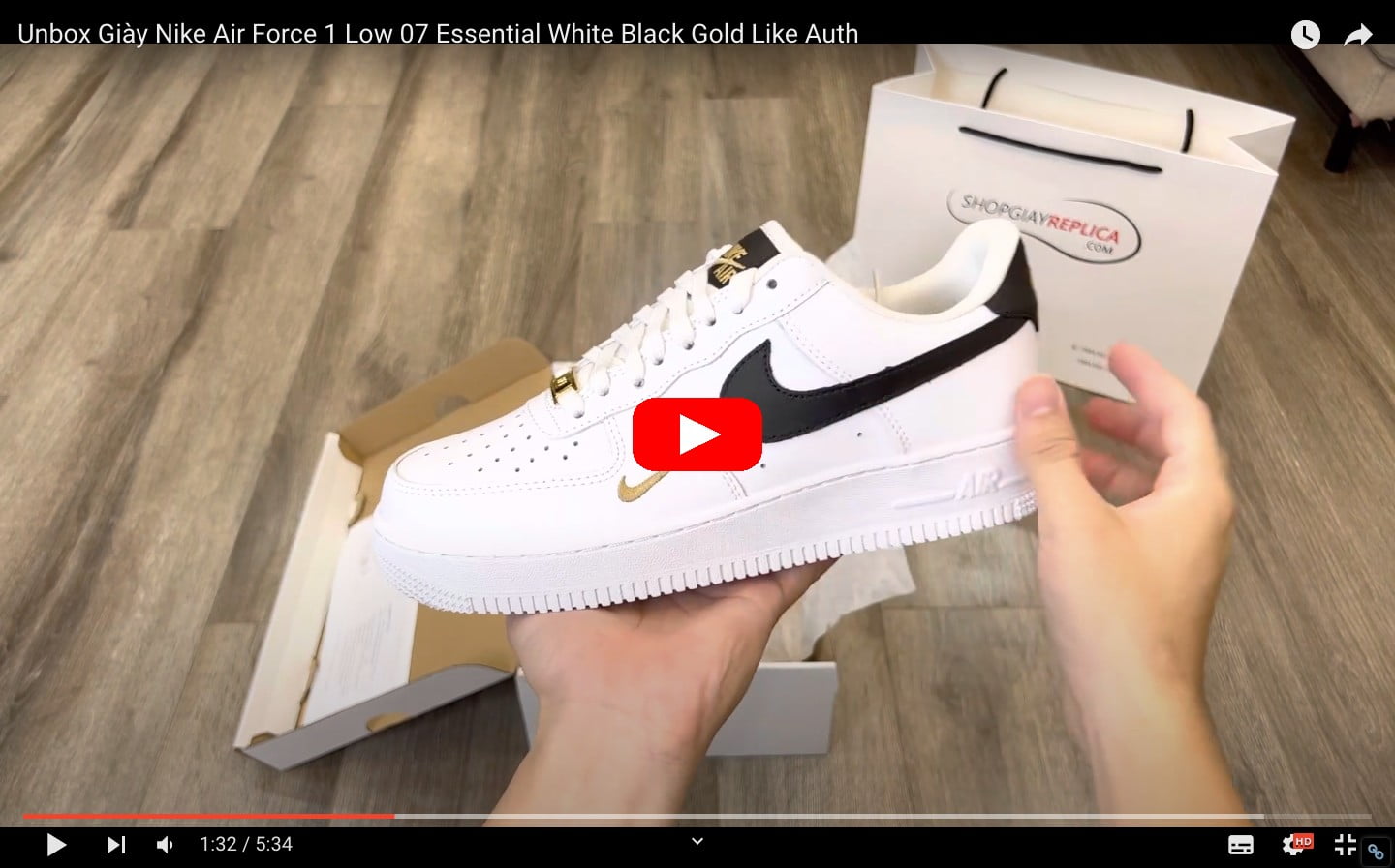 Video Giày Nike Air Force 1 Low 07 Essential White Black Gold Like Auth