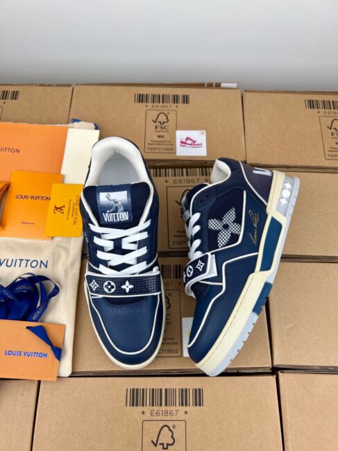 Giày Louis Vuitton Lv Trainer Monogram Xanh Navy quai Velcro Like Auth