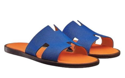 Dép Hermes Izmir Blue/Orange Xanh Cam da Epsom Like Auth