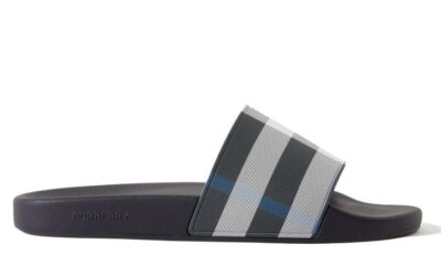 Dép Burberry Check Print Slides White/Dark Blue