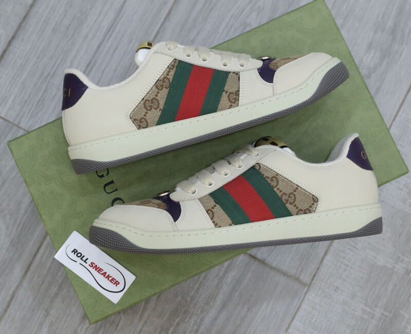 Giày Gucci Screener Leather and GG-Supreme gót Tím Like Auth
