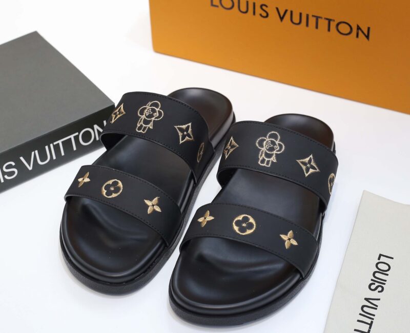 Dép Louis Vuitton Nam Màu Đen Họa Tiết Hoa Vàng Best Quality