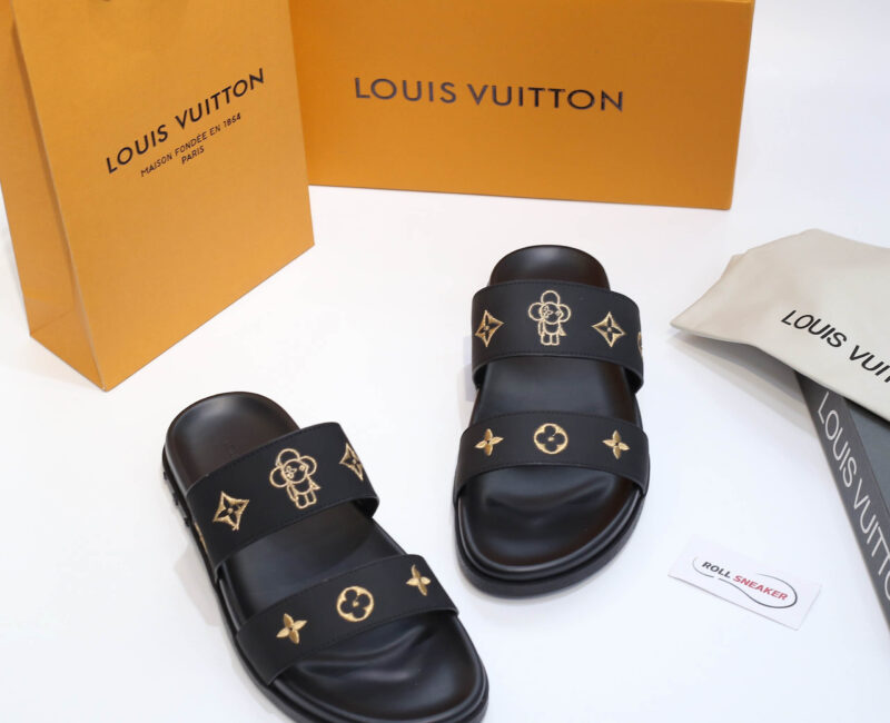 Dép Louis Vuitton Nam Màu Đen Họa Tiết Hoa Vàng Best Quality