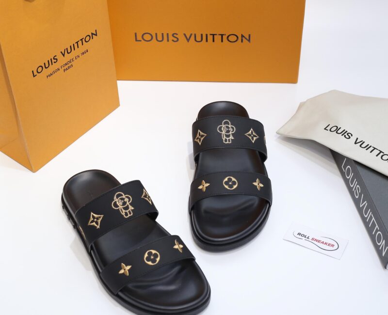 Dép Louis Vuitton Nam Màu Đen Họa Tiết Hoa Vàng Best Quality