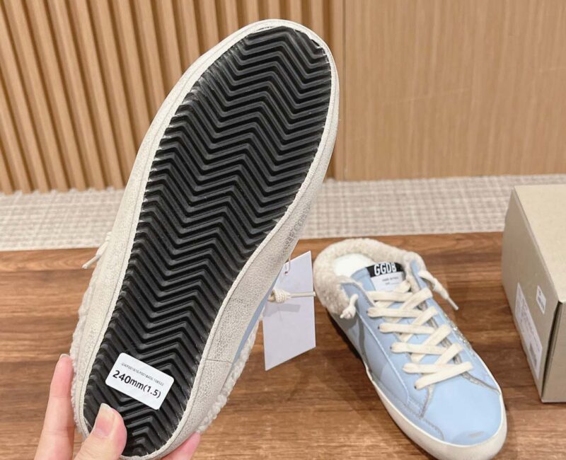 Giày Golden Goose Women's Super-Star Sabots Silver Glitter Star & Shearling Lining Powder Blue Low Best Quality