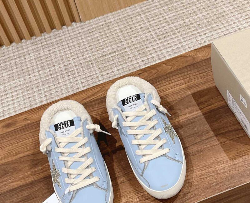 Giày Golden Goose Women's Super-Star Sabots Silver Glitter Star & Shearling Lining Powder Blue Low Best Quality