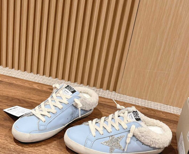 Giày Golden Goose Women's Super-Star Sabots Silver Glitter Star & Shearling Lining Powder Blue Low Best Quality