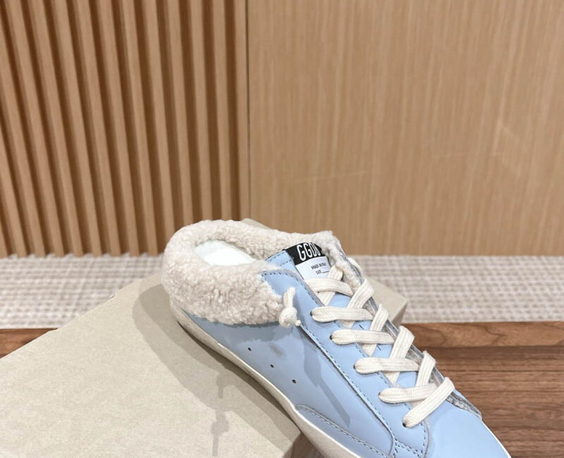 Giày Golden Goose Women's Super-Star Sabots Silver Glitter Star & Shearling Lining Powder Blue Low Best Quality