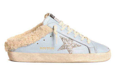 Giày Golden Goose Women's Super-Star Sabots Silver Glitter Star & Shearling Lining Powder Blue Low Best Quality