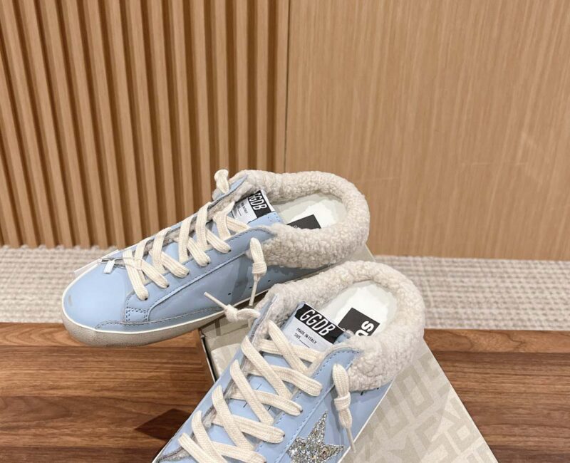 Giày Golden Goose Women's Super-Star Sabots Silver Glitter Star & Shearling Lining Powder Blue Low Best Quality