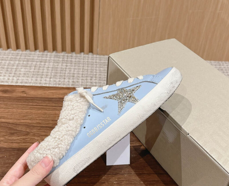 Giày Golden Goose Women's Super-Star Sabots Silver Glitter Star & Shearling Lining Powder Blue Low Best Quality