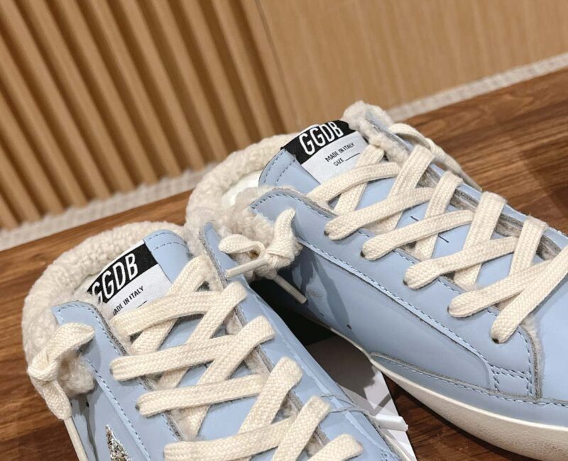 Giày Golden Goose Women's Super-Star Sabots Silver Glitter Star & Shearling Lining Powder Blue Low Best Quality