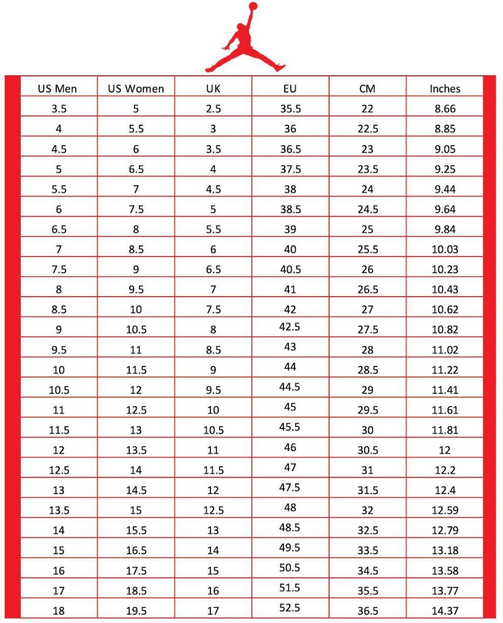 bảng size giày air jordan