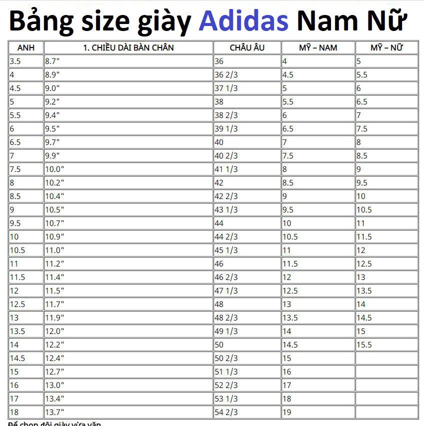 Bảng Size Adidas