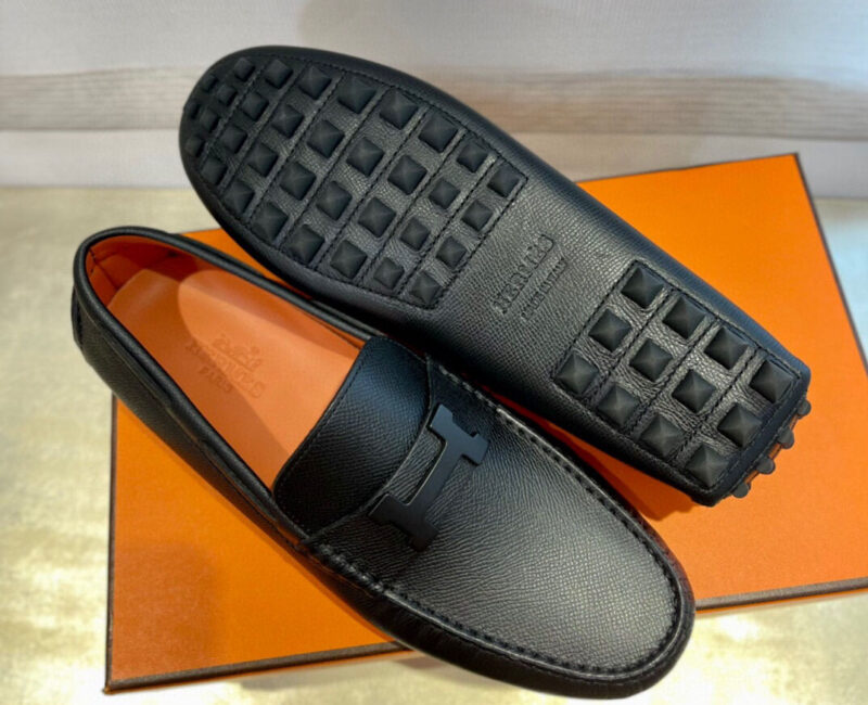 Giày Loafer Hermes Đen Da Taiga Khóa chữ H