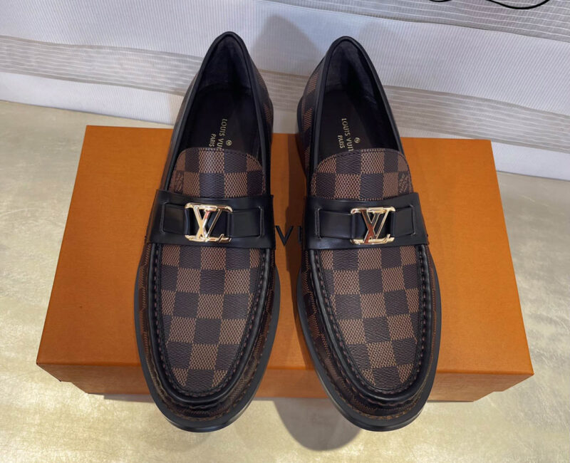 Giày Loafer Louis Vuitton Brown Họa Tiết Damier Ebene Logo LV Vàng