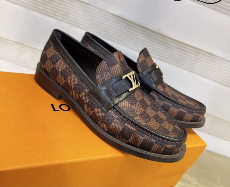 Giày Loafer Louis Vuitton Brown Họa Tiết Damier Ebene Logo LV Vàng