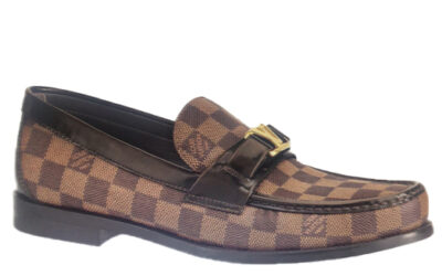 Giày Loafer Louis Vuitton Brown Họa Tiết Damier Ebene Logo LV Vàng