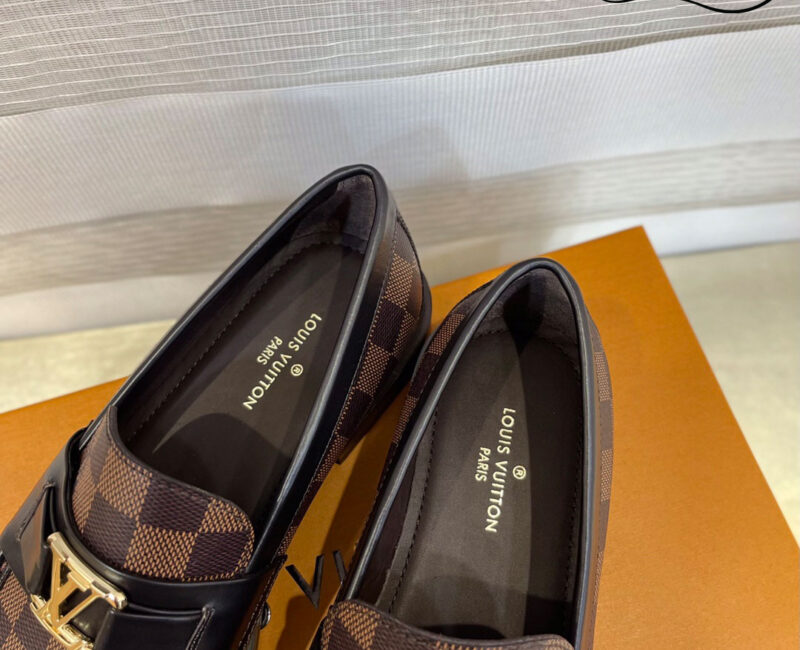 Giày Loafer Louis Vuitton Brown Họa Tiết Damier Ebene Logo LV Vàng