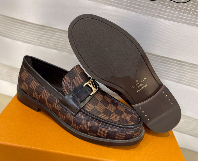 Giày Loafer Louis Vuitton Brown Họa Tiết Damier Ebene Logo LV Vàng