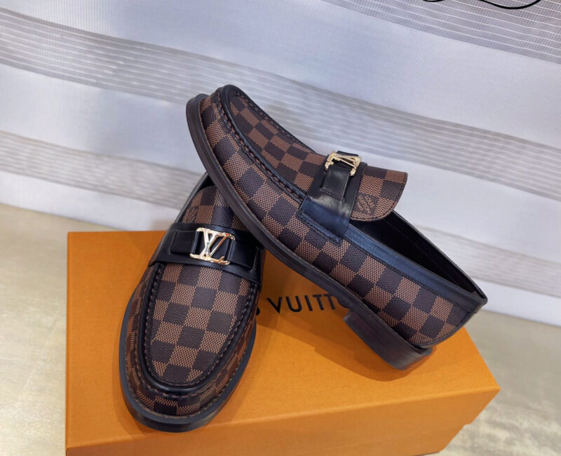 Giày Loafer Louis Vuitton Brown Họa Tiết Damier Ebene Logo LV Vàng