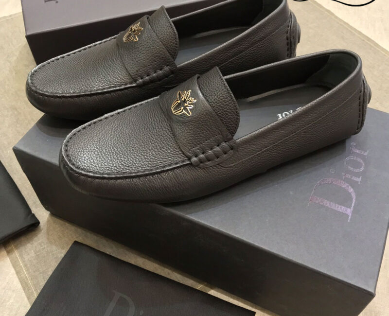 Giày Lười Dior Mocassin Black Calfskin Logo Bee