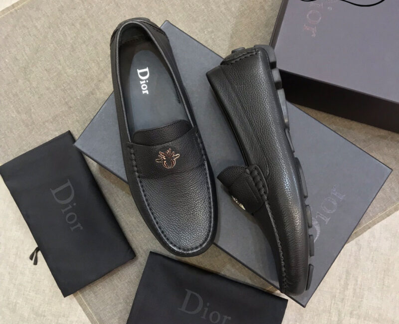 Giày Lười Dior Mocassin Black Calfskin Logo Bee