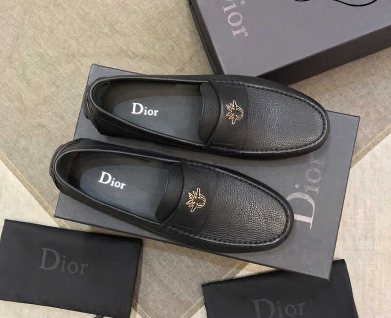 Giày Lười Dior Mocassin Black Calfskin Logo Bee