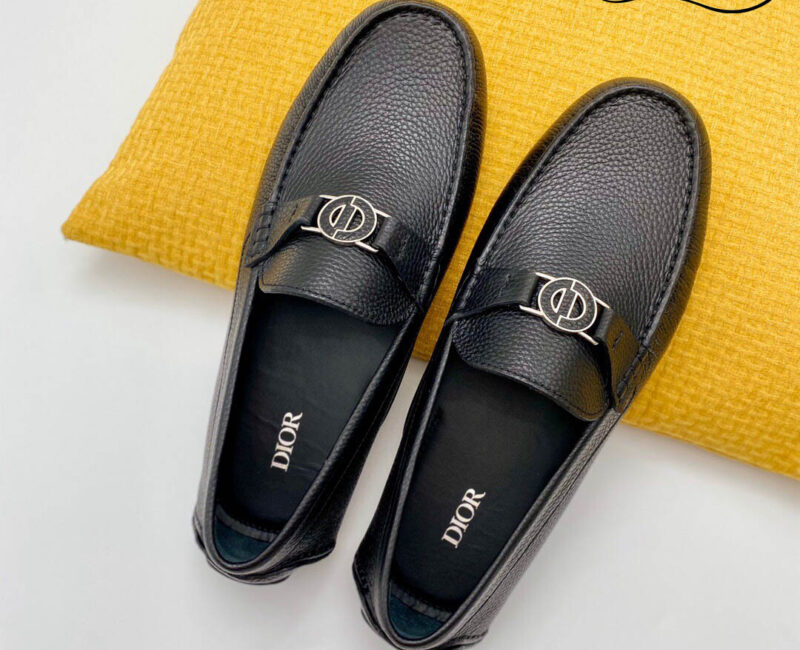 Giày Lười Dior Mocassin Black Calfskin Logo CD Da Viền Vàng