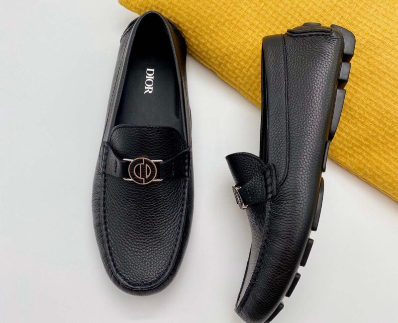 Giày Lười Dior Mocassin Black Calfskin Logo CD Da Viền Vàng