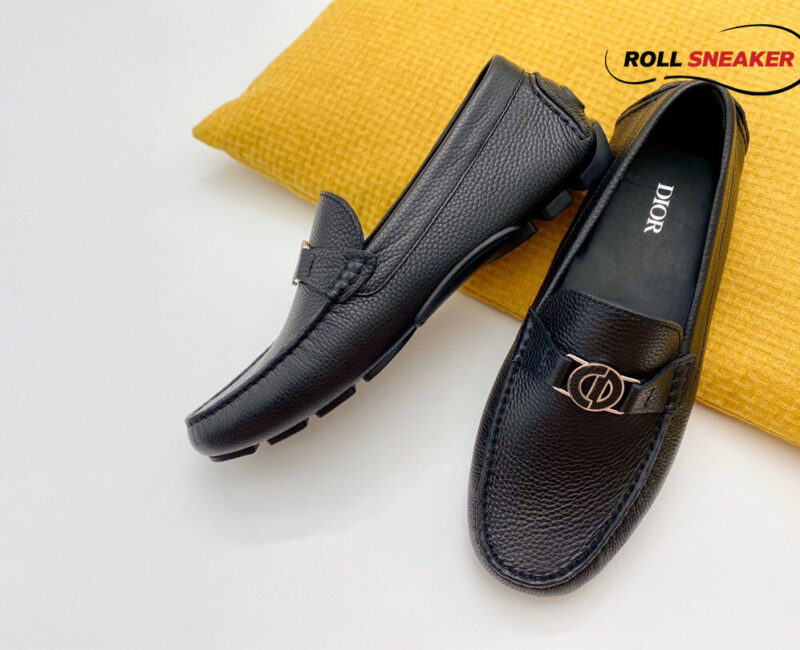 Giày Lười Dior Mocassin Black Calfskin Logo CD Da Viền Vàng