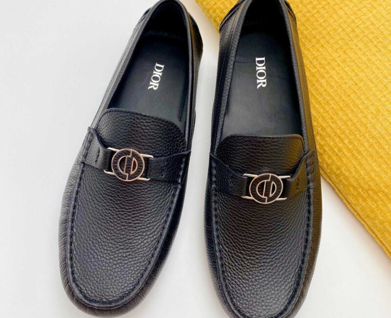 Giày Lười Dior Mocassin Black Calfskin Logo CD Da Viền Vàng