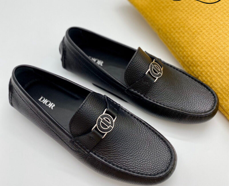 Giày Lười Dior Mocassin Black Calfskin Logo CD Da Viền Vàng