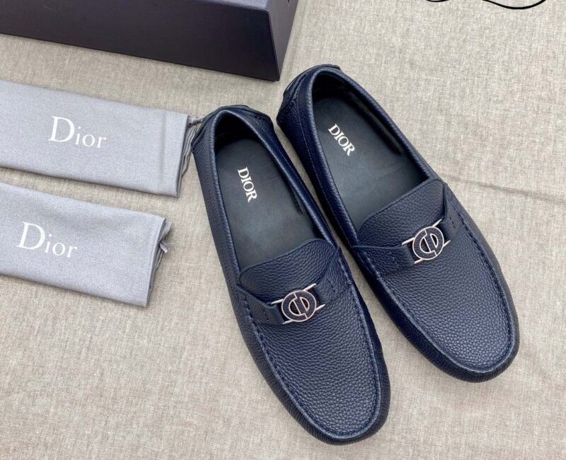 Giày Lười Dior Mocassin Blue Calfskin Logo CD Da Viền Vàng