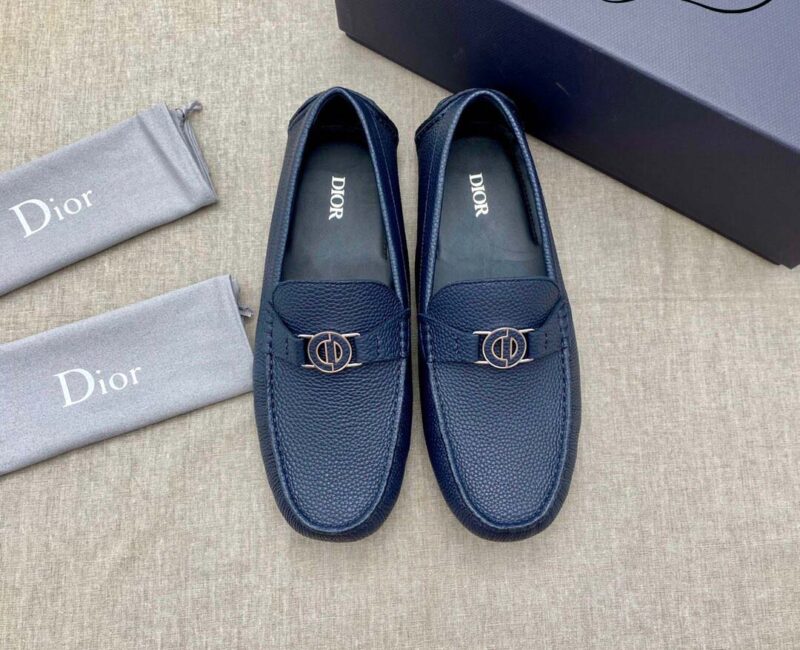 Giày Lười Dior Mocassin Blue Calfskin Logo CD Da Viền Vàng