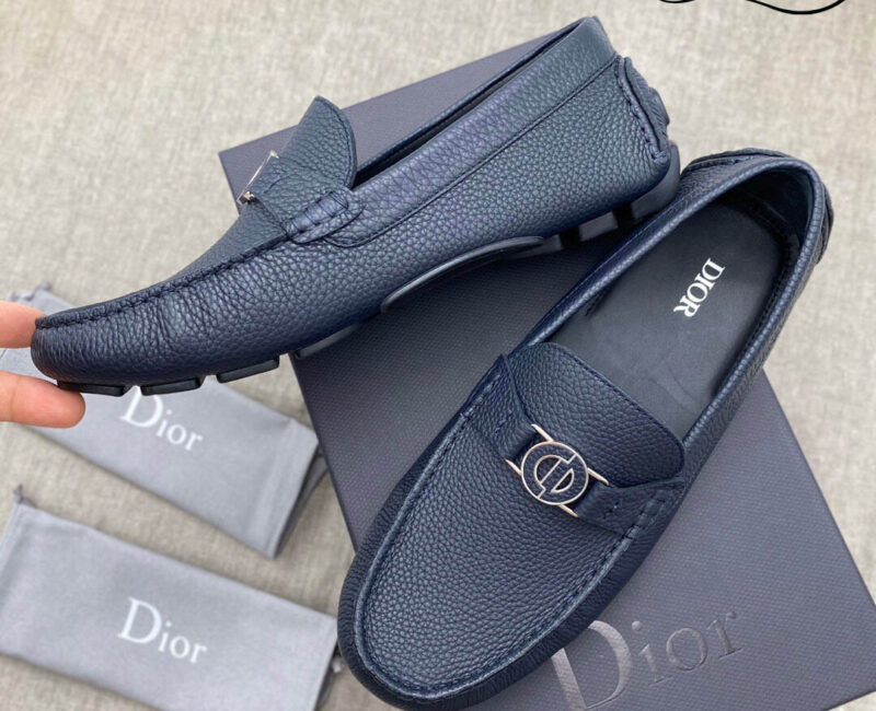 Giày Lười Dior Mocassin Blue Calfskin Logo CD Da Viền Vàng