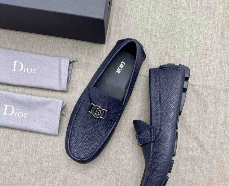 Giày Lười Dior Mocassin Blue Calfskin Logo CD Da Viền Vàng