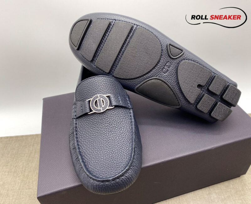 Giày Lười Dior Mocassin Blue Calfskin Logo CD Da Viền Vàng