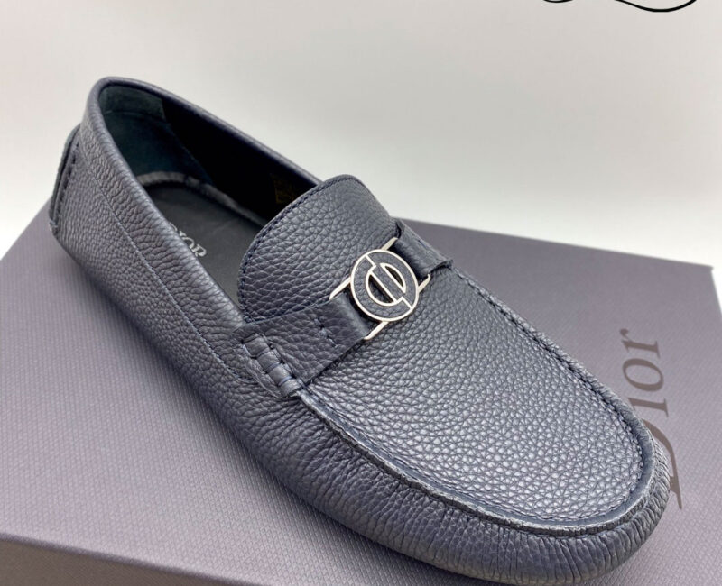 Giày Lười Dior Mocassin Blue Calfskin Logo CD Da Viền Vàng