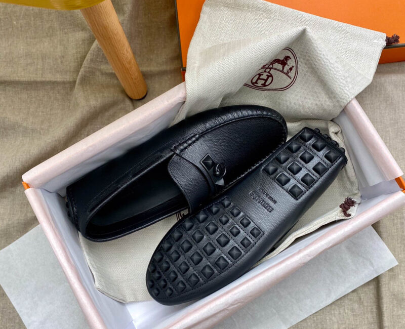 Giày lười Hermes Irving Loafer Black Đen Da Bê có Vân