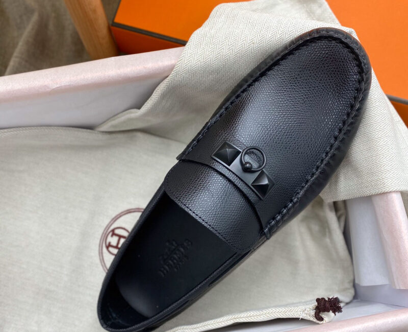 Giày lười Hermes Irving Loafer Black Đen Da Bê có Vân