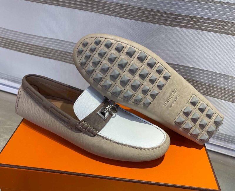 Giày lười Hermes Irving Loafer Nâu Trắng Kim Loại Bạc