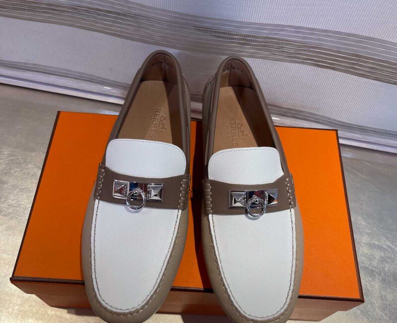 Giày lười Hermes Irving Loafer Nâu Trắng Kim Loại Bạc